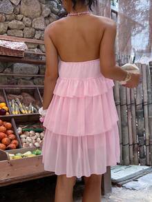 Aloruh Đầm mini quây nhiều lớp thêu họa tiết dành cho nữ, thích hợp cho kỳ nghỉ. - Hồng - Xem 2