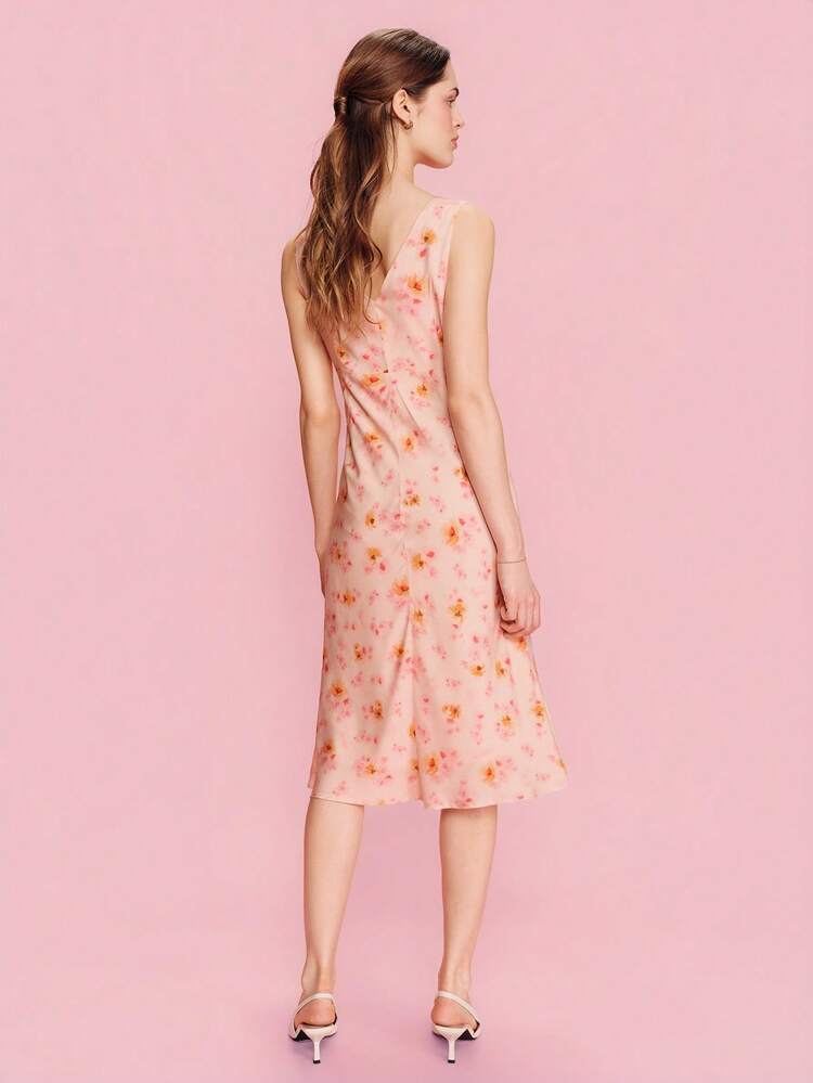 Pink Floral Printed Sleeveless Midi Dress With V-Neckline Spring Summer French Style Parisian Style Vacation Dress Holiday Dress Going Out Graduation Dress
