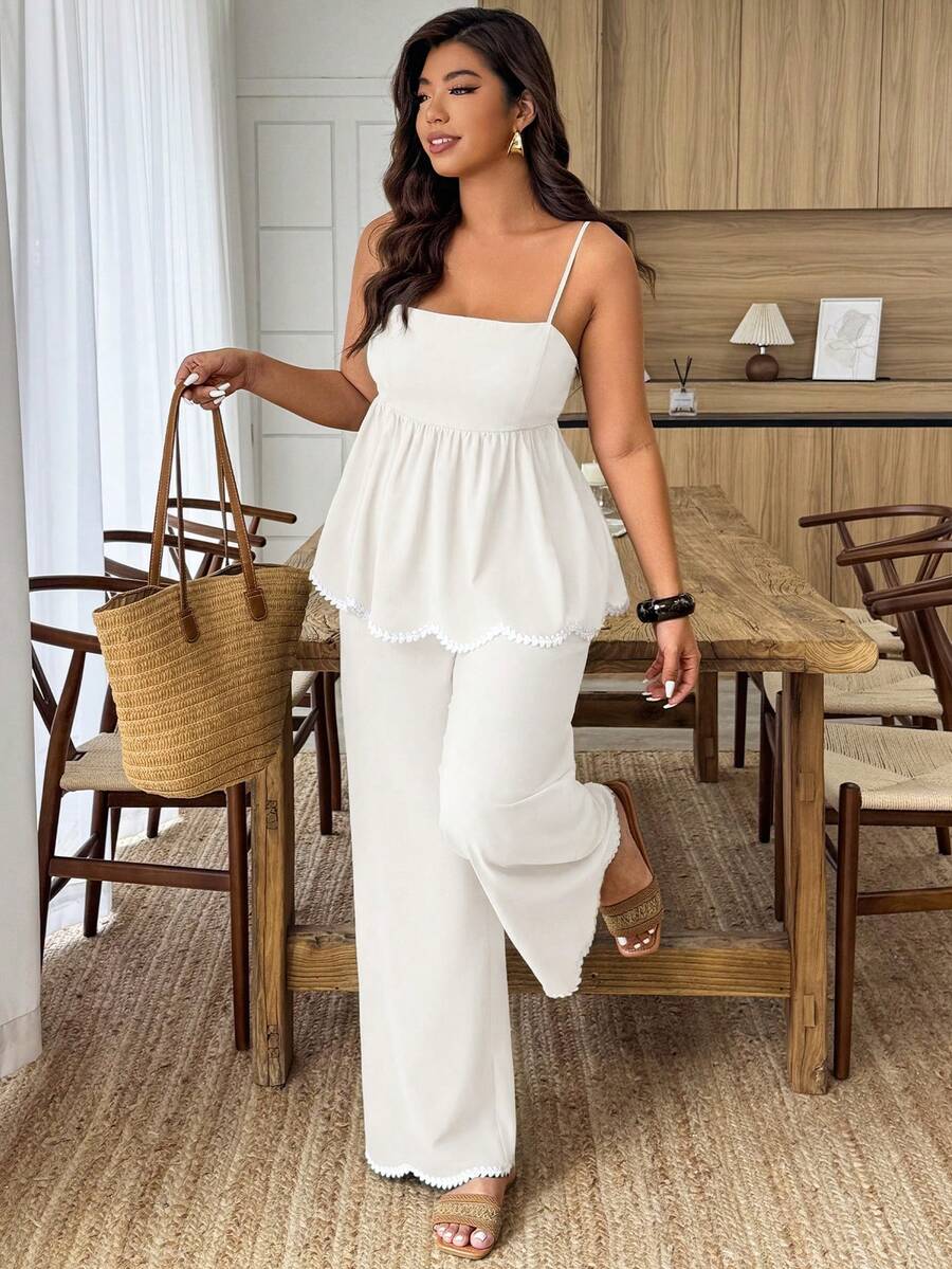 Weeklong Traje informal de 2 piezas para mujer talla grande, con contraste de color de onda y corazón con cinta, tipo lino, para primavera/verano - Albaricoque - Ver 1