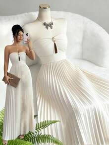 Elenzga Vestido elegante sin tirantes de unicolor con diseño de metal y dobladillo plisado para mujer - Albaricoque - View 7