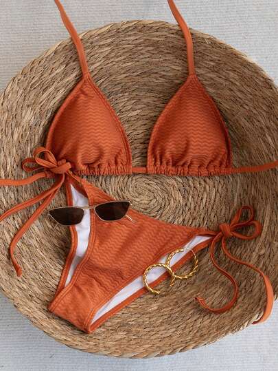 Swim Mod Women's Solid Color Textured Halter Bikini Set, Suitable For Summer Vacation & Beach
