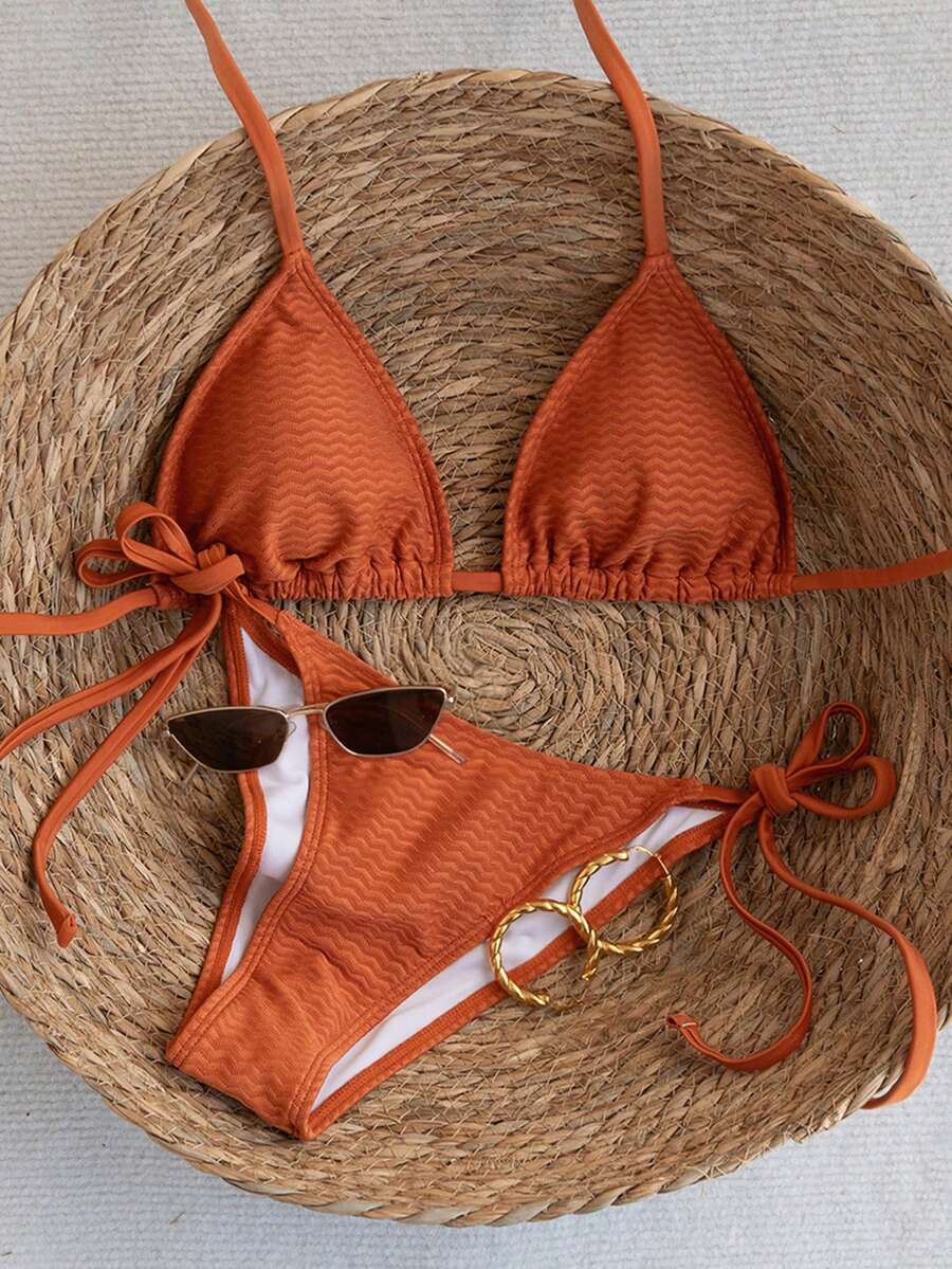 Swim Mod Women's Solid Color Textured Halter Bikini Set, Suitable For Summer Vacation & Beach Beach Sets For Women - Burnt Orange - View 1