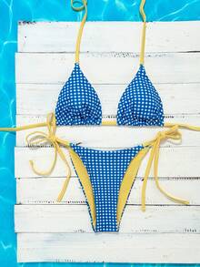 Swim Vcay 2026新款女士蓝色格纹优雅休闲沙滩度假比基尼套装，可爱泳装，蓝色比基尼套装，格纹比基尼两件式泳衣，比基尼套装 - 彩色 - 查看 2