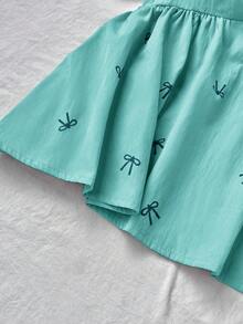 Flirla 大码春夏粉色圆领可爱浪漫休闲学院风度假百搭灯笼袖蝴蝶结胸前荷叶边印花衬衫 - 綠色 - 查看 3