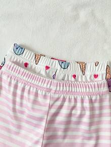 SHEIN 春夏软萌四件套女童幼儿套装，可爱甜美冰淇淋爱心条纹印花，休闲舒适柔软修身短袖短裤家居服套装 - 粉色 - 查看 7