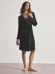 Ocili Comfortable Ribbed Cotton Contrast Color Frill Trim Small Lapel Soft Short Robe, Women Sleepwear Bathrobe - Black - View 2
