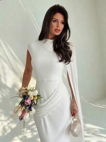 Firerie Vestido largo elegante con drapeado y fruncido, adecuado para uso diario, fiestas, invitados de boda - Blanco - Ver 1