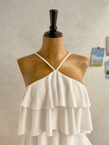 Soleia White Summer Tropical Holiday Tea Party Vacation,Elegant Backless Multi-Layer Ruffle Chiffon Mini Dress,Wedding Guest Bohemian Summer Dresses - Beige - View 3
