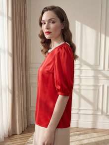 Suri Mira 夏季新款时尚甜美设计串珠圆领短袖休闲泡泡袖女式衬衫 - 紅色 - 查看 6