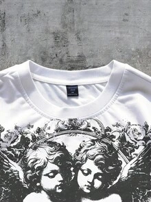 ROMWE MEN Street Life Men's Loose Fit Drop Shoulder Short Style Printed T-Shirt - White - View 2