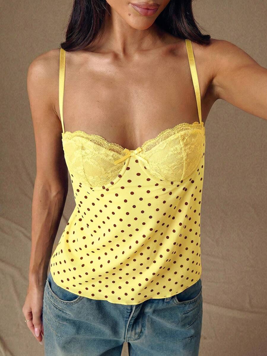 SHEIN BAE 女士撞色蕾丝波点印花吊带衫 - 黃色 - 查看 1