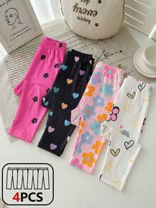 Vintaside Kids 4pcs Baby Girls' Cute Pink Floral,Heart & Sun Pattern Leggings For Autumn,Back-To-School & Graduation,Soft Versatile Casual Pants For All Seasons - Multicolor - View 4