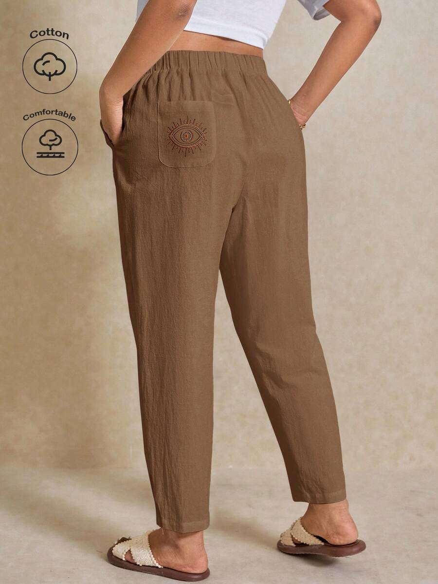 Elaquor Plus Size Women Casual Pants With Eye Embroidery Pockets - Camel - View 1