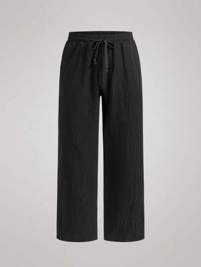 Officeau 男士轻薄黑色抽绳长裤，四季皆宜，休闲百搭，适合日常穿着、周末郊游，亚麻混纺面料，纯色针织面料，瑜伽裤，沙滩裤，秋季必备，送给男友或丈夫的绝佳礼物