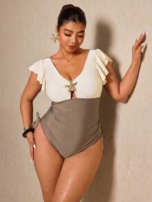 Elaquor Plus Size Colorblock Starfish Decor One-Piece Swimsuit, Vacation & Beach Summer - Multicolor - View 5