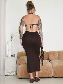Arliah Sexy zweiteiliges Set mit rückenfreiem einfarbigem Crop Top und Rock - Kaffeebraun - Übersicht 2