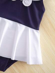 SHEIN Bộ đồ bơi liền thân phối màu cho bé gái với họa tiết nơ - Màu xanh hải quân - Xem 5