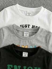 SHEIN Playful Pals 嬰兒中性 3件組 T恤套裝 白色夏季休閒可愛 職業日 開學季 英文字母印花 柔軟圓領短袖T恤 經典格紋 - 彩色 - 查看 5