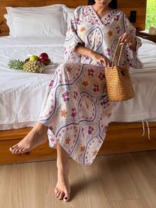 DAZY Floral Print V-Neck Loose Long Dress, Women Summer Sleepwear - White - View 4