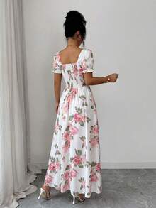 SHEIN Elenzya 女士花卉玫瑰印花方领A字泡泡袖优雅日常/度假/通勤时尚情人节约会法式街头复古百搭派对白色底红色玫瑰印花早春/春夏短袖中长连衣裙 - 粉色 - 查看 2