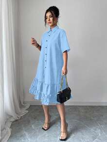 Franclia 夏季宽松艺术设计荷叶边拼接女装 - 藍色 - 查看 5