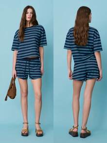 Nöista 女士深蓝、绿、白条纹宽松纯棉短袖T恤 + 抽绳 S - 藏蓝色 - 查看 4