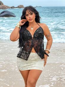 Rustia Camiseta sin tirantes con lentejuelas brillantes de talla grande, top sin espalda elegante de estilo callejero con lentejuelas metálicas y hebilla en forma de A - Negro - Ver 3