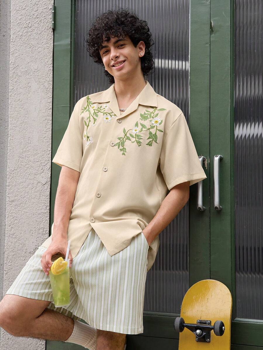 Whitmere Men's Apricot Botanical Short Sleeve Polyester Shirt, Casual, Button Front, Embroidered, Spring/Fall/Summer, Button Down Shirt, Lightweight Gift For Father/ Husband - Apricot - View 1