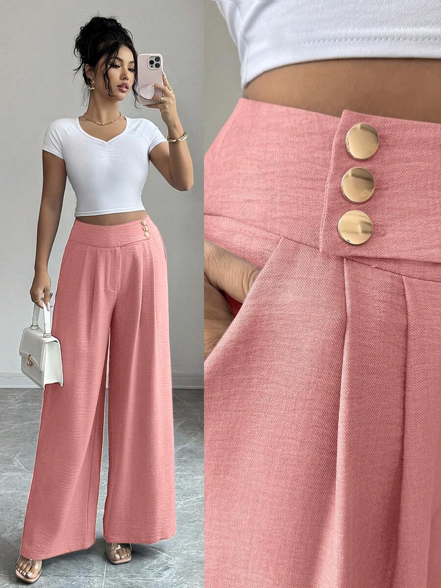 Elenzga Women's Dusty Pink,Summer,Elegant,Brunch,Office High-Waisted Gold Button Flared Leg Pants,Urban Fashion Light Blue Trousers For Wedding,Gala,Commute - Pink - View 1