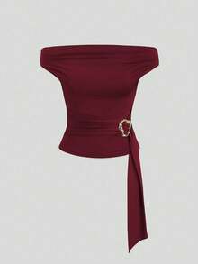 Sweetra New Spring/Summer Women's Design-Focused High Street Chic Layered Vintage Texture Minimalist Fitted Asymmetric Neckline Brown T-Shirt Top - Red - View 2