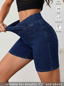 SHEIN Tall Women's Y2K High Waist Biker Denim Shorts Dark Blue Crossover V-Waist Tummy Control Stretchy Summer Outfits Women's High Waist Pocketed Casual Versatile Daily Wear Denim Shorts - Dark Wash - View 1