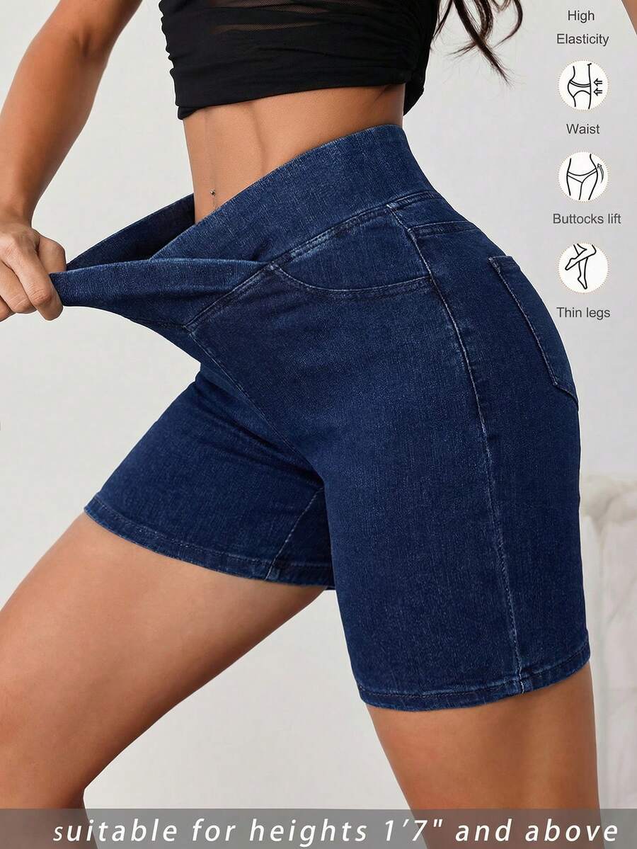 SHEIN Tall Women's Y2K High Waist Biker Denim Shorts Dark Blue Crossover V-Waist Tummy Control Stretchy Summer Outfits Women's High Waist Pocketed Casual Versatile Daily Wear Denim Shorts - Dark Wash - View 1