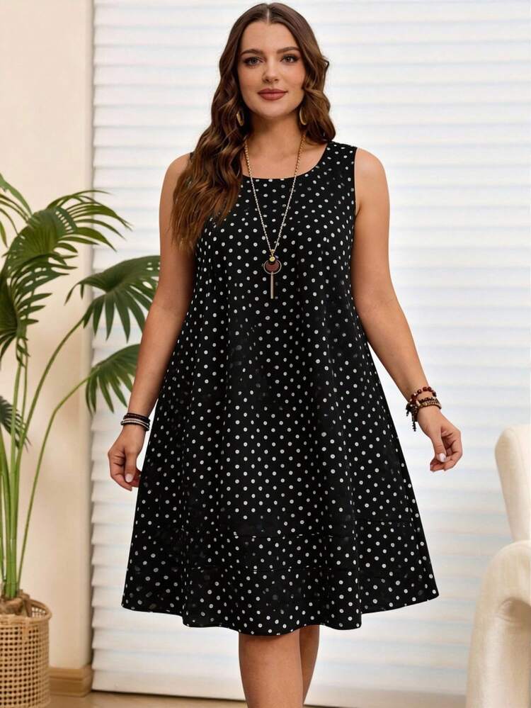 Plus Size Women Polka Dot Print Round Neck Sleeveless Vacation Dress,Vacation Outfits Woman Summer Outfits For Women Office Wear, Vacation Outfits Woman, Summer Outfits For Women Festival Boho,Holiday Outfit