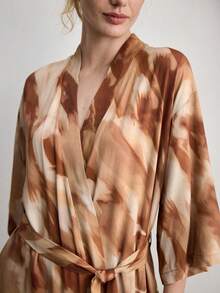 Ocili Comfortable Minimalist Chain Print Cotton Blend Robe With Tie Waist, Women Sleepwear, Chic Autumn - Red - View 4