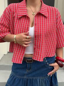 GalTyme 大码女式格子七分袖单排扣休闲短衬衫 - 紅色 - 查看 6