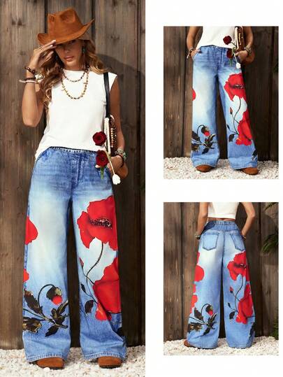 SHEIN PETITE Women's Printed Elastic Waist Straight Leg Loose Casual Jeans