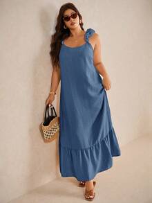 Elaquor Plus Size Casual Lace Trim Loose A-Line Dress - Navy Blue - View 6