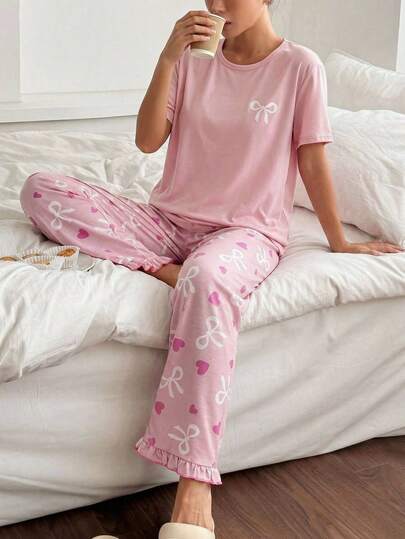 Girls' White Bow Printed Pink Short-Sleeved Top With Plaid Bow And Heart-Shaped Ruffled Pants Pajama Set Pink Sweet Girly Style Cute And Comfortable 2026 New Vacation Atmosphere Relaxed And Comfortable Girl's Outfit Set Girls' Children's Clothing
