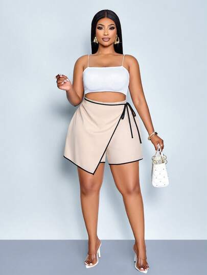 SOLERSUN Plus-Size Women's Fashionable Solid Color Color-Block Loose Casual Tie-Waist Elastic Shorts, Suitable For Daily Commutes, Beach Vacations, Shopping And Other Occasions. Simple And Versatile Bottoms, Suitable For St. Patrick's Day, Easter, Music Festivals, Four-Leaf Clover, Street Style And Suitable For Spring And Summer.