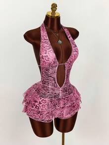 Amplova Women's Sexy Animal Print Ruffle Hem Backless Halter Jumpsuit, Summer - Pink - View 7