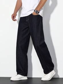 Manfinity Homme Quần jeans nam màu xanh hải quân dáng rộng, ống thẳng, phong cách thường ngày. - Rửa tối - Xem 5