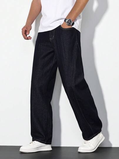 Manfinity Homme Quần jeans nam màu xanh hải quân dáng rộng, ống thẳng, phong cách thường ngày.