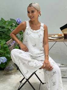 DAZY 2pcs/Set Women Butterfly & Leaf Allover Print Sleeveless Loose Tank Top & Cropped Pants Pajamas Set,Back To School Clothes - White - View 4