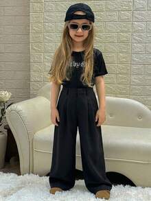 DAZY Tween Girls Solid Color Woven Wide Leg Pants, Fall - Black - View 2