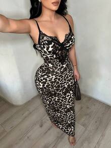 SHEIN SXY Đầm ôm sát người phối ren họa tiết da báo dành cho nữ. - Nhiều màu - Xem 1