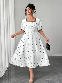 SHEIN Elenzya Vestido de talla grande con estilo retro francés, cuello cuadrado y mangas con volantes con estampado floral diminuto - Albaricoque - Ver 6