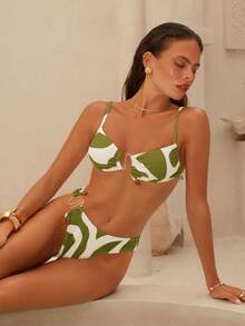 Swim Chiccia Women's Elegant Romantic Island Vacation Acrylic & Metal Decor Geometric Print Bikini Set - Olive Green - View 4