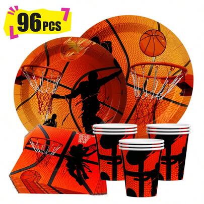 Basketball Flame Disposable Plates, Napkins And Cups, Party Supplies Set, Serves 24 People, Disposable Paper Party Tableware, Suitable For Birthdays, Weddings, Theme Parties, Family Picnics.