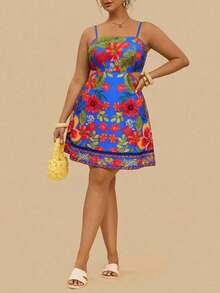 Vestido elegante de tiras finas con estampado floral tropical y recorte para mujer de talla, adecuado para uso diario, vacaciones, playa, primavera/verano - Blanco - Ver 8