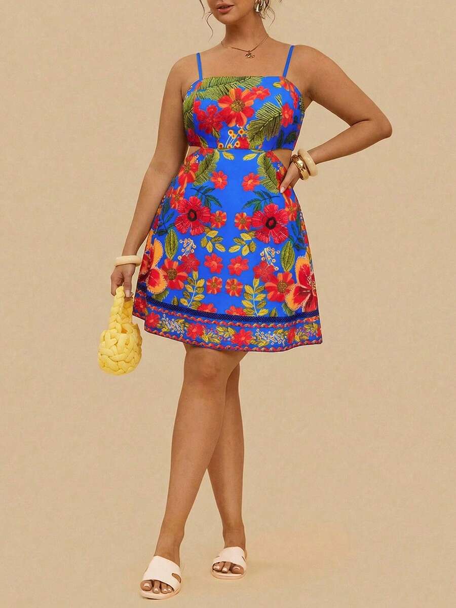 Travachic Plus Size Women's Blue Boho Summer Vacation Holiday Spaghetti Strap Hollow Tropical Floral Print Cropped Elegant Dress,Suitable For Beach Holiday